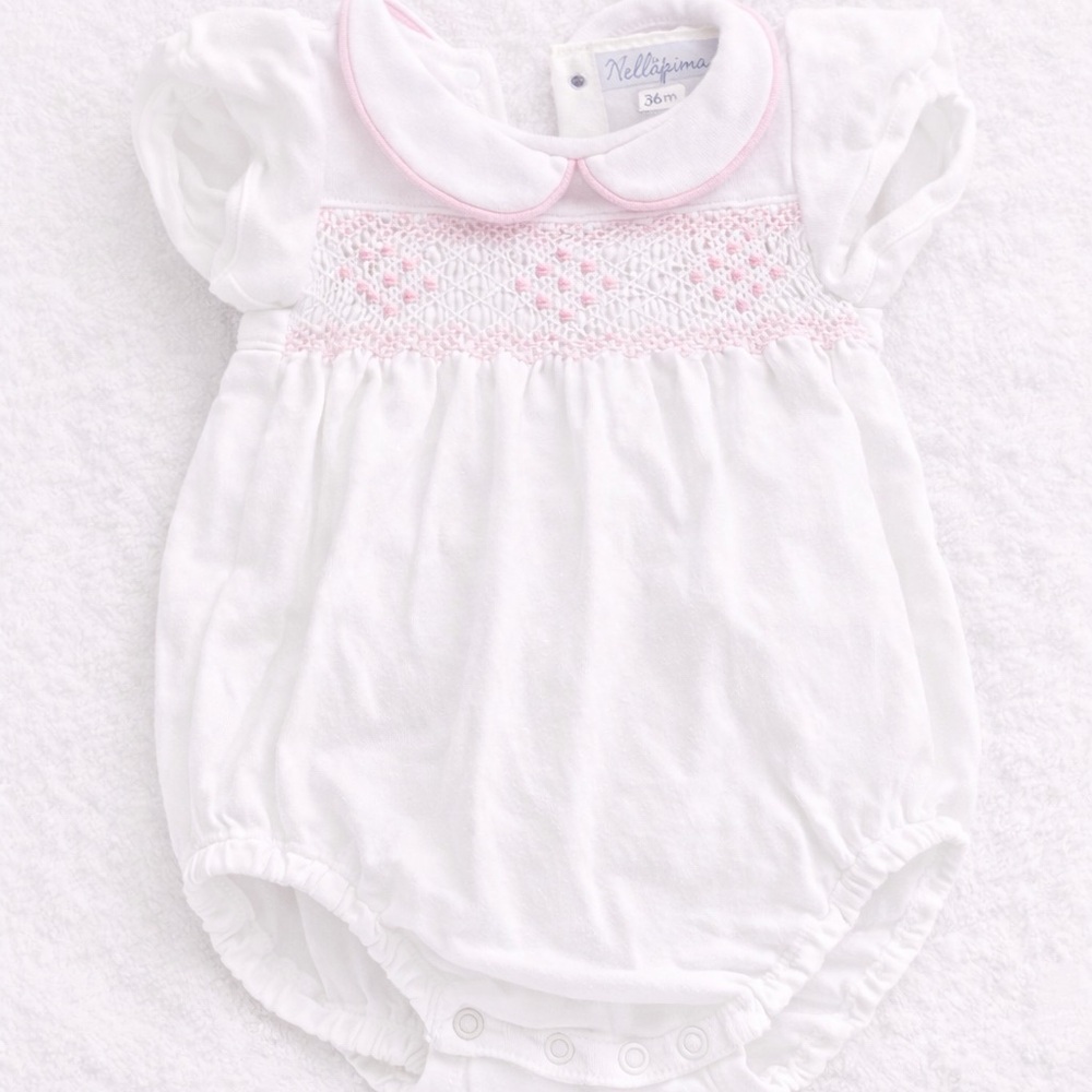 Classic White Smocked & Embroidered Bubble Nellapima 3-6 M Pink pipped collar
